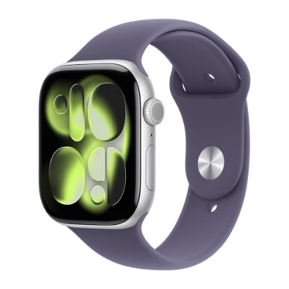 اپل واچ سری 11 سایز 42 سیلور با بند اسپرت سیلیکون پرپل فاگ