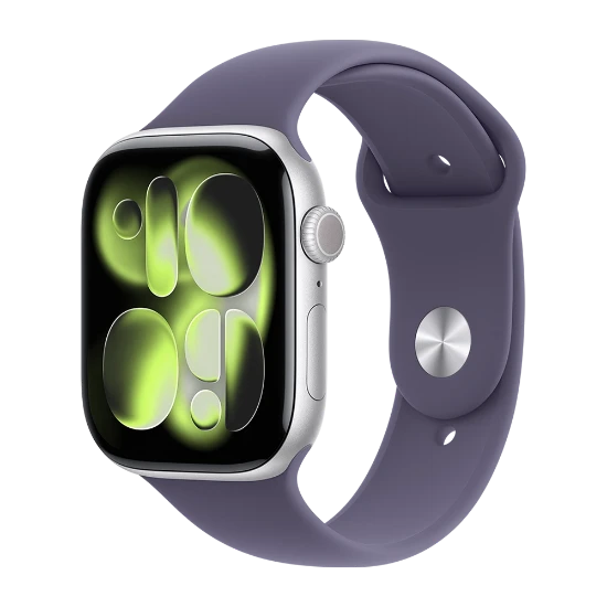 اپل واچ سری 11 سایز 42 سیلور با بند اسپرت سیلیکون پرپل فاگ